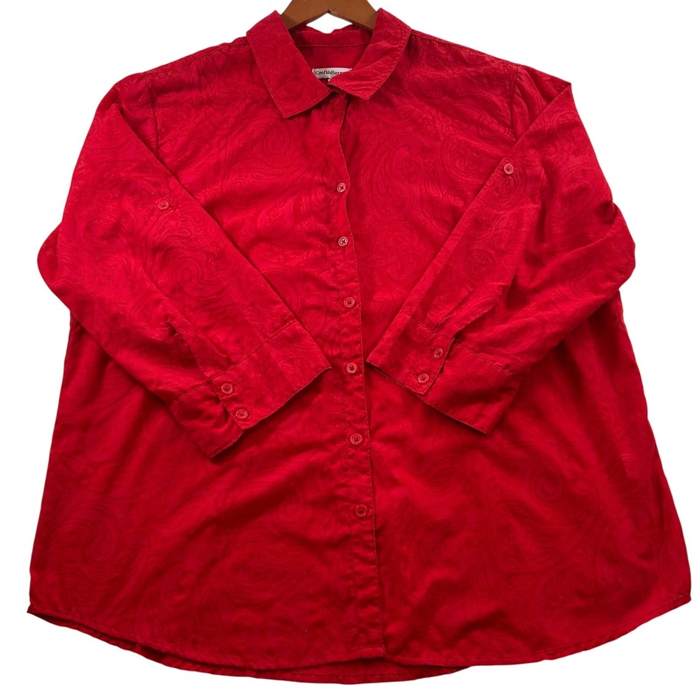 Croft & Barrow Womens XL Red Paisley Burnout Button Down 3/4 Roll Tab Sleeve Top